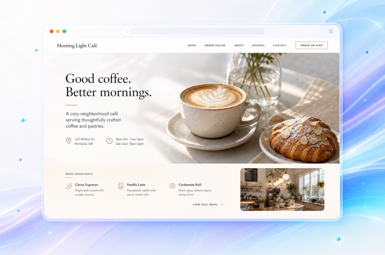 Illustrative café website with coffee, pastry, and a bright interior