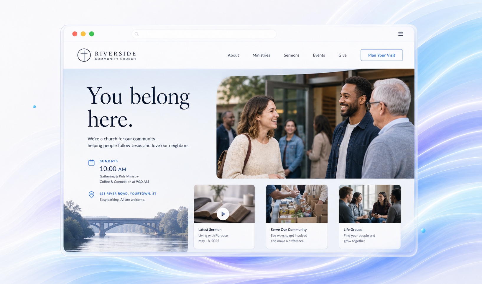 Illustrative church website with a welcoming community gathering