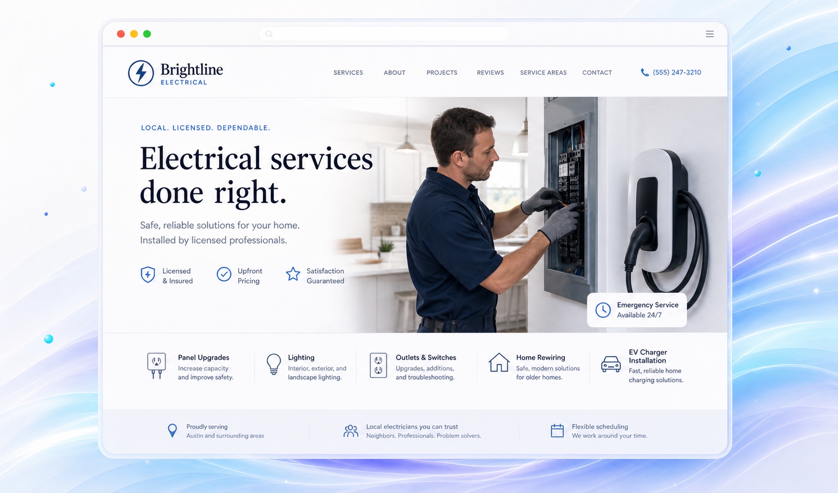 Illustrative electrician website with a technician at an electrical panel