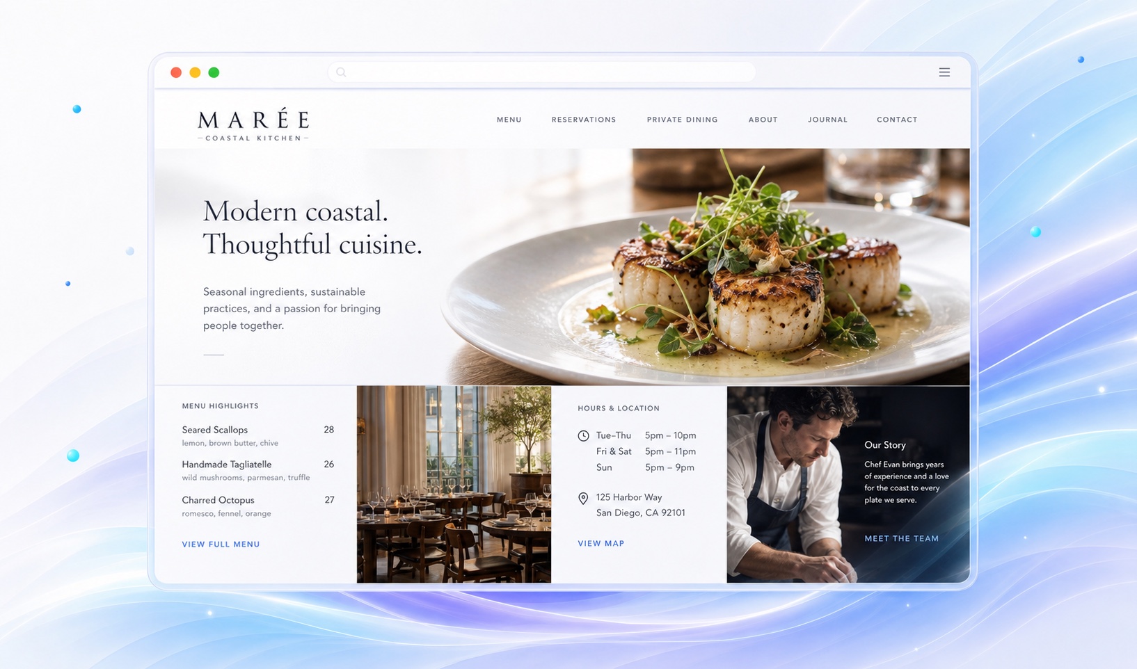 Illustrative restaurant website with a plated coastal dinner