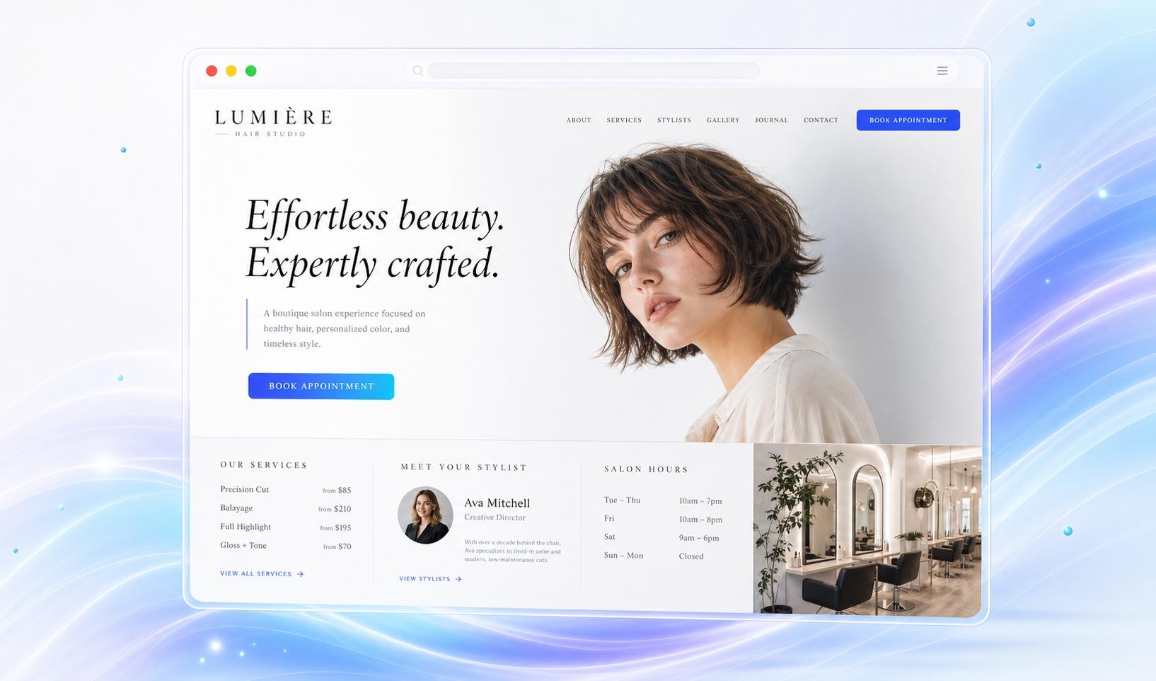 Illustrative salon website with editorial hair photography